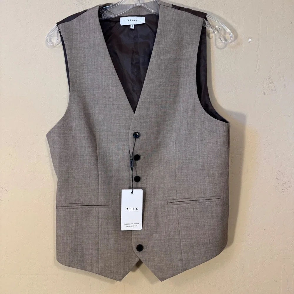 Reiss Waistcoat Men 36 Light Brown Rope-Textured Wool Formal Vest‎ NEW
